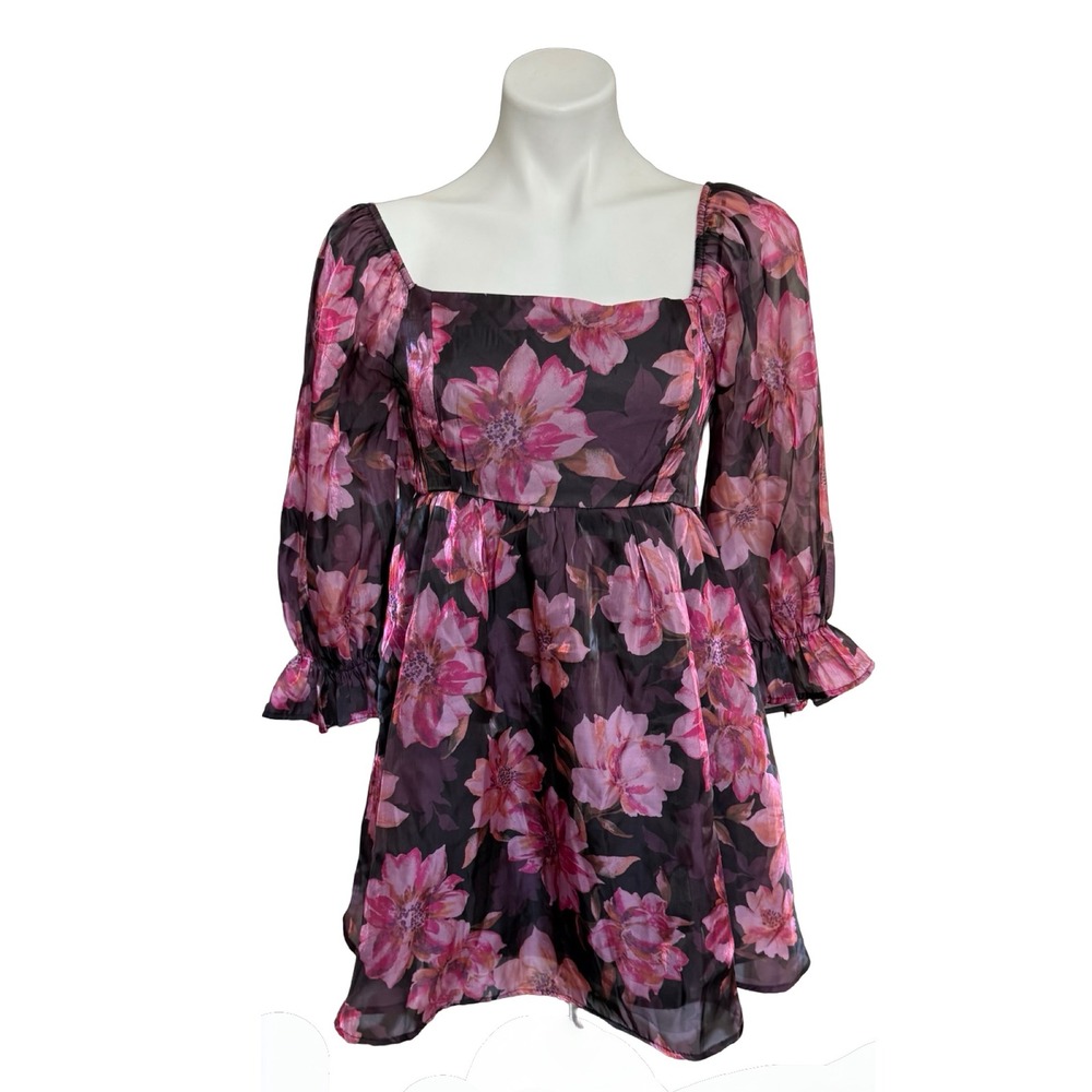 Thirty Thirty LA Floral Square Neck Puff Sleeve Mini Dress Pink Purple Large